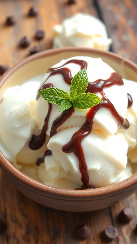 A bowl of vanilla ice cream topped with chocolate sauce and mint on a wooden table.
